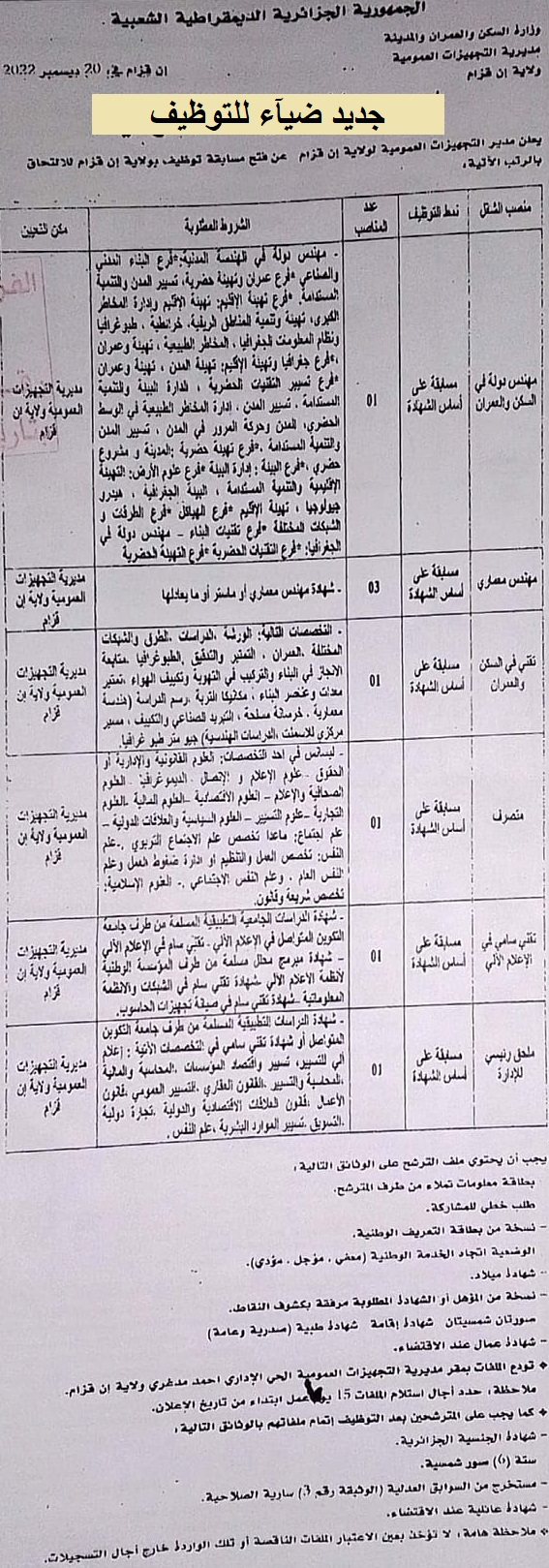 اعلان توظيف بولاية عين قزام اعلان عن توظيف بمديرية التجهيزات العمومية لولاية عين قزام