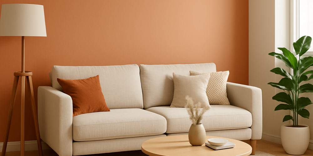 غرفة معيشة عصرية بألوان طلاء أنيقة، تظهر جدران مطلية بدرجات بيج مع لمسات زخرفية تعكس احترافية العمل وجودة الدهان.
